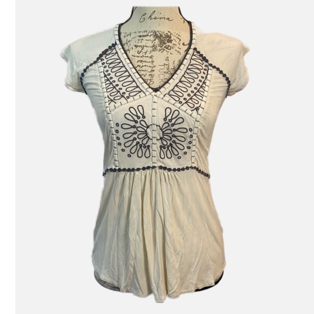 Spade & Heart Off White‎ Blue Embroidered Crochet Details Bodice Cap Sleeve Boho